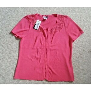 NWT $68 Womens Sweater-DANE LEWIS-"Millie" pink rayon crochet trim cardi ss-PL